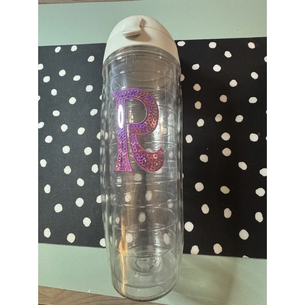 Tervis 24oz Purple Lid Sequined R  Initial Monogram Clear Tumbler Hot Cold NEW